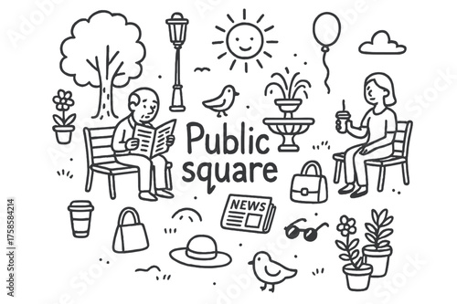 Public Square Doodle. Public square. Hand-drawn doodle illustration of Public square. Benches, people, tree,