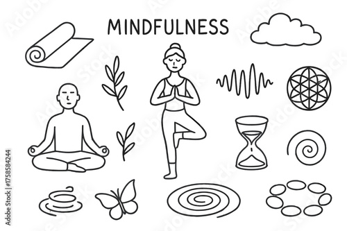 Mindful Yoga Symbols. Mindfulness. Hand-drawn doodle illustration mindfulness yoga mat, sitting figure, tree pose, sound wave, leaf sprig, water ripple,