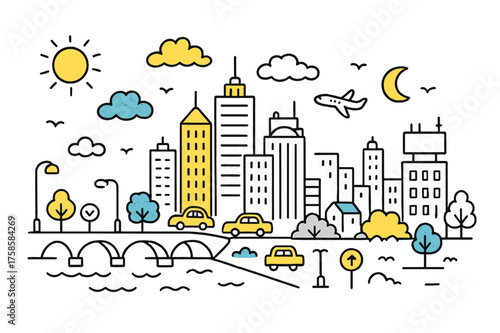 Whimsical Riverside Skyline. Riverside Skyline. Hand-drawn doodle illustration riverside skyline skyscrapers (accented), city buildings, clouds (accented),