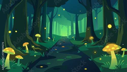 Enchanted forest path illuminated by glowing mushrooms and fireflies
