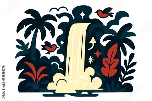 Vibrant Jungle Cascade. Jungle waterfall. A glowing cascade flows down surrounded by stylized tropical trees and abstract mist shapes. Birds and spark-like