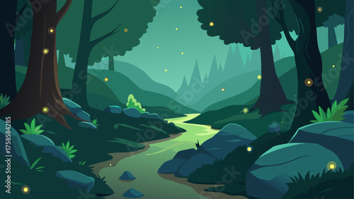 Enchanted forest stream with fireflies at twilight
