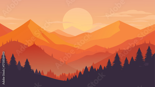 Vibrant sunset over layered mountain ranges with silhouetted pine trees