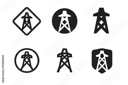 Electric Pylon Logos. High voltage. Set Logo of electric pylon: Stylized detail, Negative space, Flat solid, Symmetrical form, Minimal outline,
