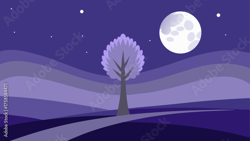 Serene night landscape with a lone tree under a full moon