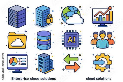 Isometric Cloud Icons Set. Colorful isometric vector icons set of enterprise cloud solutions: server rack, data center, cloud globe, analytics chart, business