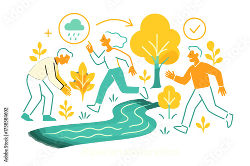 Vibrant Riparian Restoration. Riparian restoration. Glowing trees and shrubs along riverbanks, abstract floating water and light trails highlighting flood
