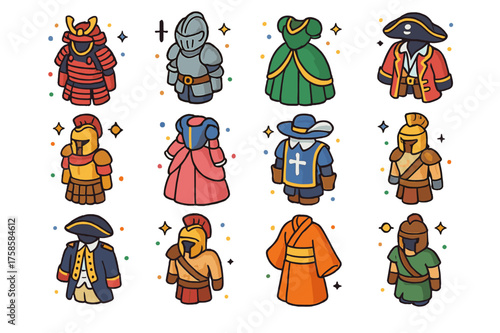 Historical Cosplay Icons. Historical cosplay. Colorful isometric vector icons set of historical cosplay: samurai armor, medieval knight, Victorian dress,