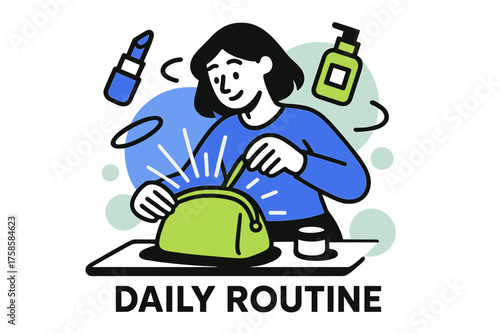 Glowing Cosmetic Unpack. Cosmetic bag. Character unpacking glowing cosmetic bag on abstract vanity, floating