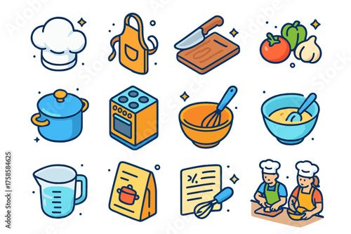 Gastronomy Class Icons. Gastronomy class. Colorful isometric vector icons set of gastronomy class: chef hat, apron, knife, cutting board, ingredients, cooking
