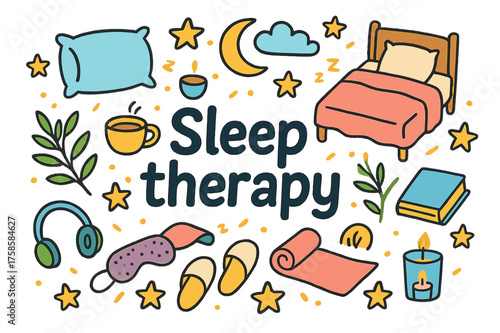 Sleep Therapy Doodles. Sleep therapy. Hand-drawn doodle illustration of Sleep therapy. Pillow, cozy bed,