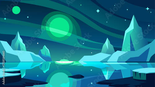 Stylized arctic landscape with aurora borealis and reflecting water