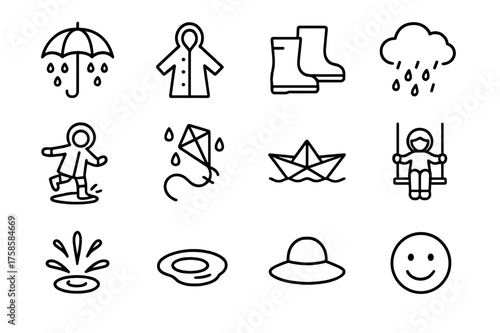 Rainy Day Icons. Rainy day fun. Line icon set of Rainy day fun: umbrella, raincoat, rain boots, cloud, puddle jump, kite in rain, paper boat, swinging child,