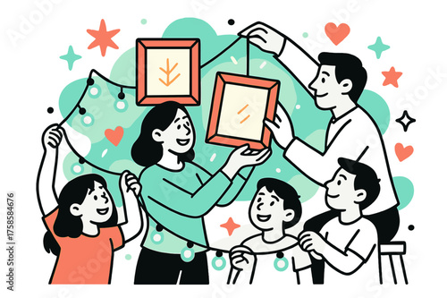 Creative Room Decor. Decorating rooms. A family hanging glowing picture frames and string lights, abstract floating stars and hearts highlighting creativity