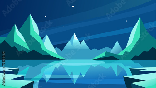 Stylized arctic landscape with jagged mountains and reflecting water