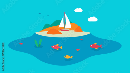 Island paradise with sailboat and colorful fish in clear blue water