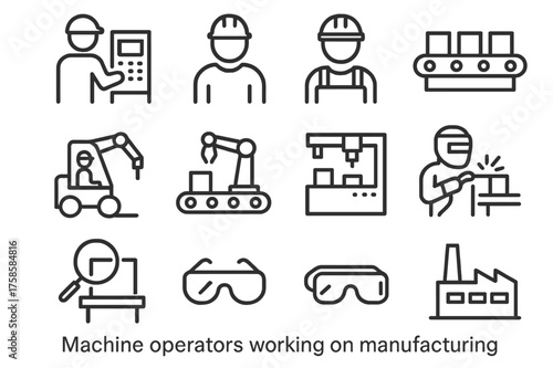 Manufacturing Floor Icons. Machine operators working on manufacturing floors. Line outline icon set of Machine
