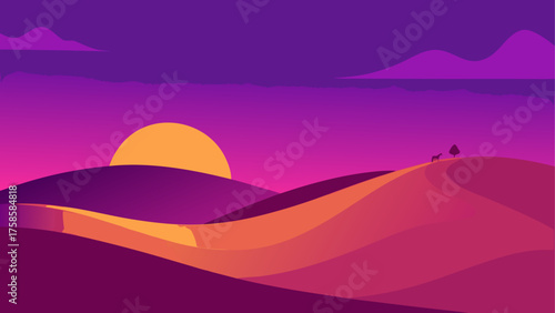Vibrant desert sunset with silhouette of horse and tree