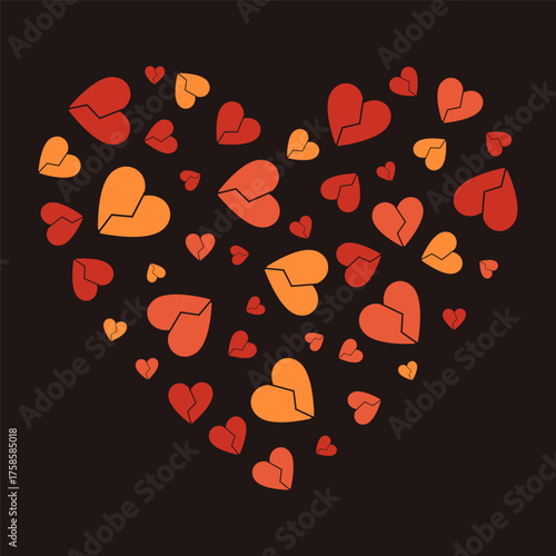 Red and orange broken hearts in a dark background vector concept illustration - symbol of heartache and emotional pain