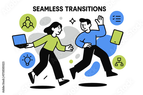 Seamless Workflow Mastery. Workplace adaptability. Character switching between glowing screens and floating
