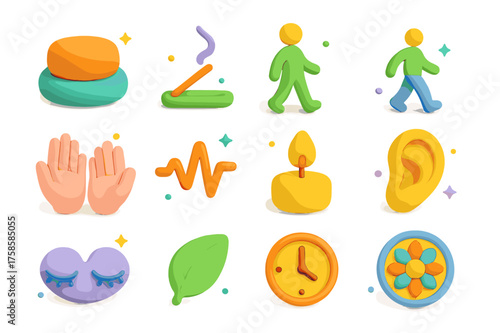Mindfulness Icons Set. Mindfulness practices. 3D icons set of mindfulness practices: meditation cushion, incense stick, person walking mindfully, open hands,