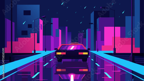 Retro futuristic city street at night with a car driving on wet road