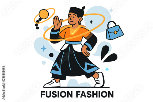 Fusion Fashion Elegance. Cultural influences in fashion. Character modeling glowing fusion outfit blending