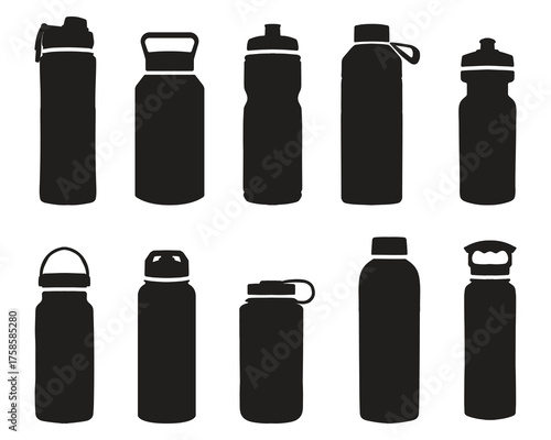Collection of Silhouetted Reusable Water Bottles on a White Background