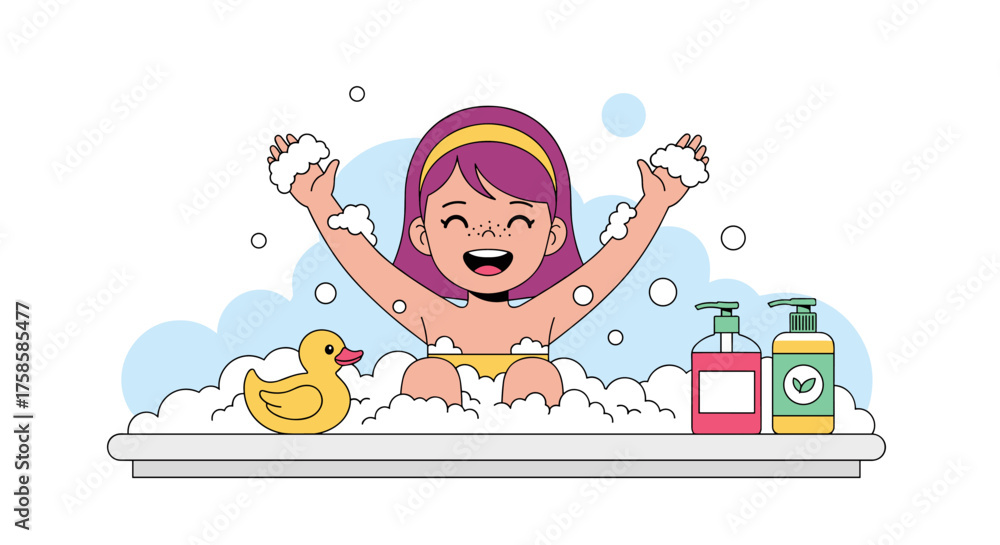 Naklejka premium A happy little girl enjoys a bubbly bath time with a rubber ducky and bath products.