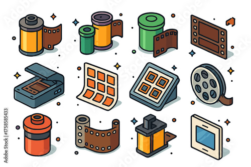 Colorful Film Icons. Film photography. Colorful isometric vector icons set of film photography: 35mm film roll, medium format film, film canister, negative