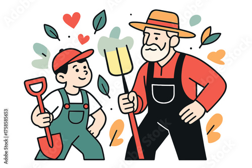 Generational Farming Legacy. Generations of farmers. A child and elder farmer together holding glowing tools, abstract floating hearts and leaves symbolizing