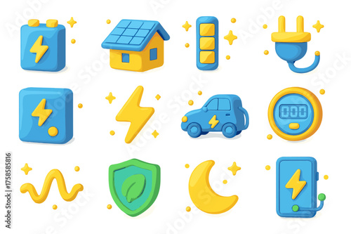 Solar Energy Icon Set. Solar power storage. 3D icons set of solar power storage: battery pack, solar roof, charging bar, power plug, inverter box, glowing