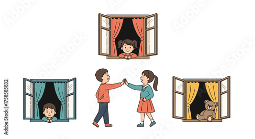 Children waving from windows and interacting outdoors at different social distances.