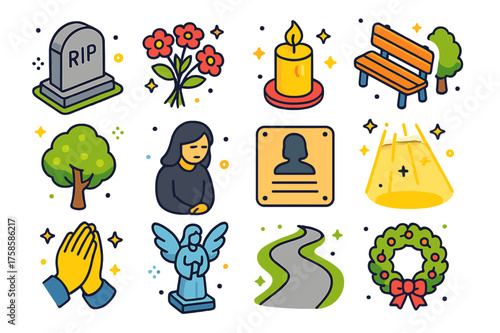 Colorful Cemetery Icons. Cemetery visit. Colorful isometric vector icons set of cemetery visit: tombstone, flowers, candle, bench, tree, mourner, memorial