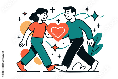 Rebuilding Trust Journey. Rebuilding trust. Two characters walking together with glowing heart symbols between them, abstract floating stars and