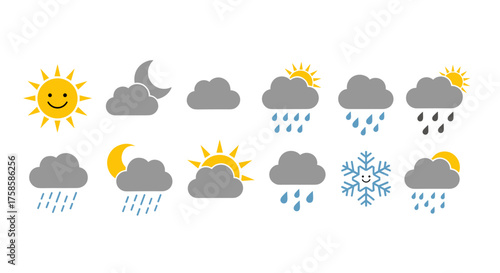 A collection of weather condition icons showing various meteorological phenomena for forecasting and visualization purposes.