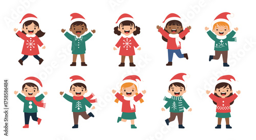 A diverse group of happy children wearing Christmas hats and festive clothing are jumping in the air.