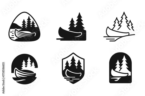 Canoeing Logo Variations. Canoeing. Set Logo of Canoeing: Canoe pulled up on a forested campsite shore. harmonious logo variations of the same emblematic