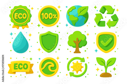 Eco-Friendly Seal Icons. Eco-friendly seals. 3D icons set of eco-friendly seals: certified eco badge, % natural stamp, earth leaf logo, recyclable arrows,