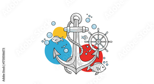 An anchor a ship's wheel fish and bubbles illustration with colorful circles.