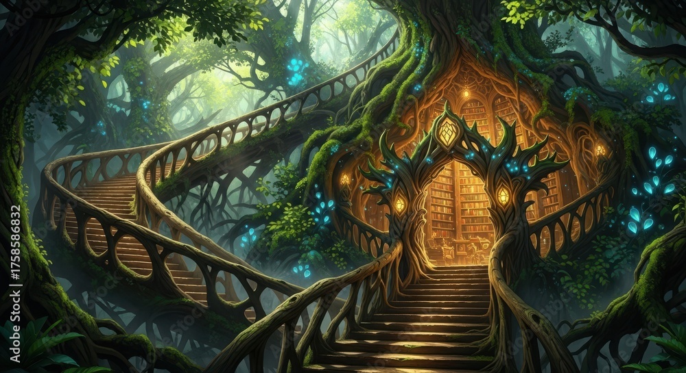 Fototapeta premium Enchanted forest staircase leading to a magical glowing entrance within a giant tree