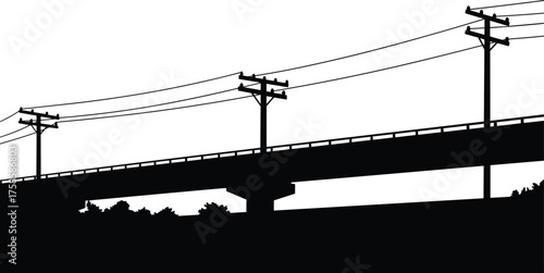 Silhouette of electric power lines on highway bridge, vector illustration showing electricity transmission poles, urban infrastructure and industrial energy connection concept design