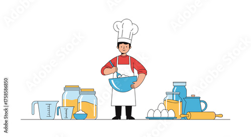 A cartoon chef in a white hat and apron is mixing ingredients in a blue bowl while surrounded by baking supplies like jars and eggs.