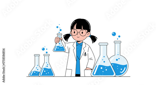 A young scientist conducting a chemical experiment with colorful flasks.