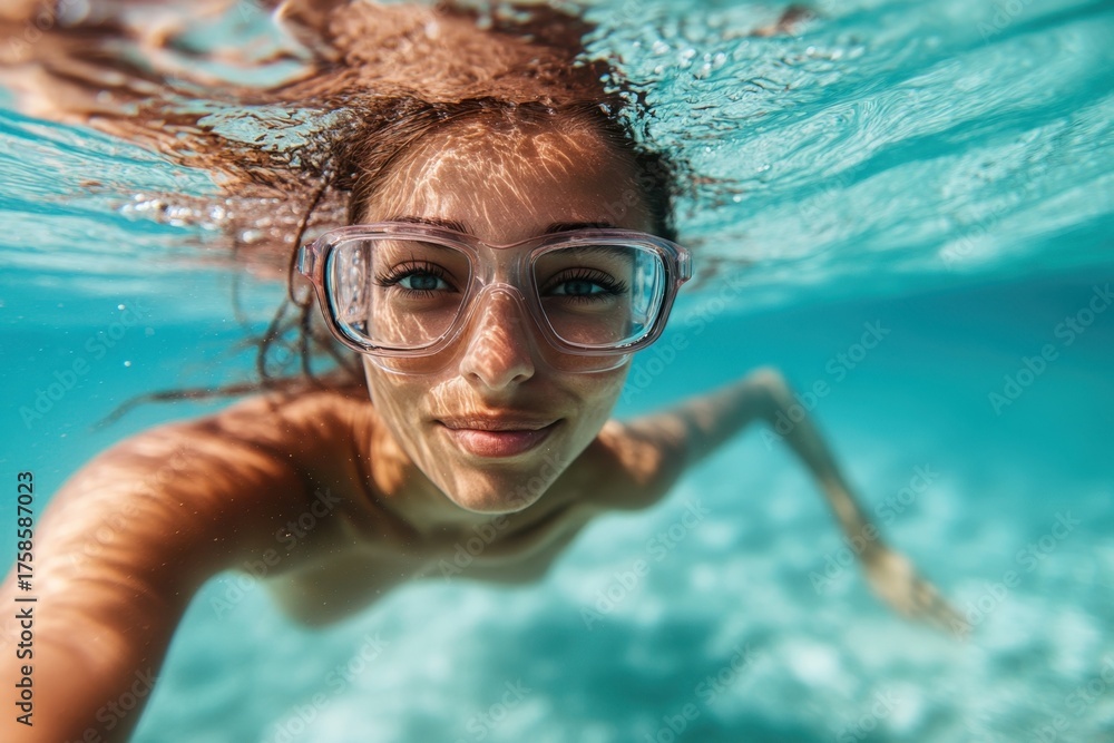 Fototapeta premium Woman swimming underwater in clear blue water with a joyful expression and swimming goggles