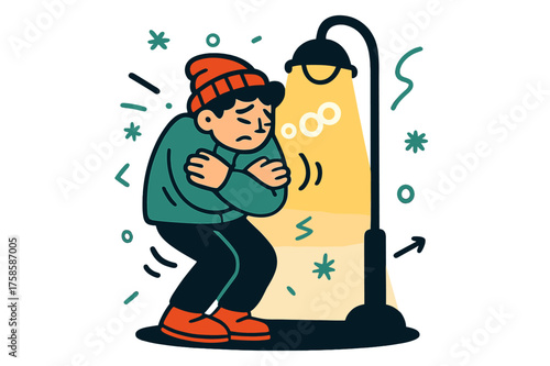 Cold Night Embrace. Shivering Night. A figure hugging themselves tightly under a glowing streetlight. Cold breath forming little cloud rings in the dark.