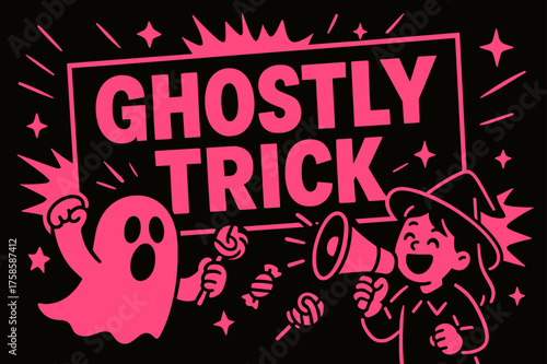 Ghostly Celebration Banner. GhostlyTrick banner, flat vector illustration, bold oversized text inside rectangular frame, cartoon characters shouting and