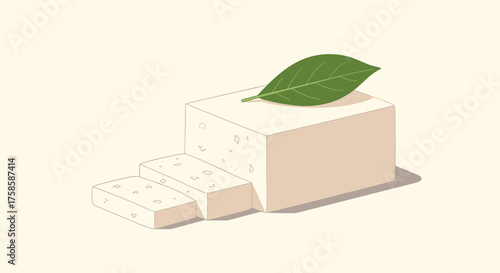 Delicious white tofu block with a fresh green leaf and sliced pieces on a light background for healthy plant-based meals.
