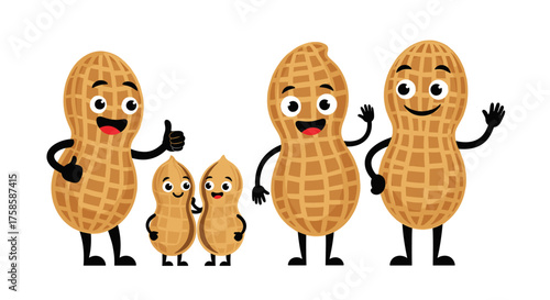 A happy family of peanuts waving and showing thumbs up in a cartoon style.