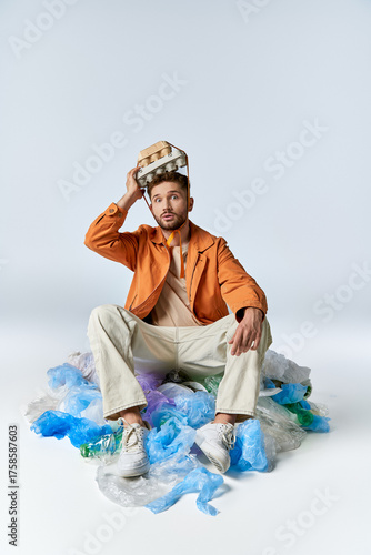 Canvas Print Young man sitting on plastic waste while holding an egg carton in a thought prov